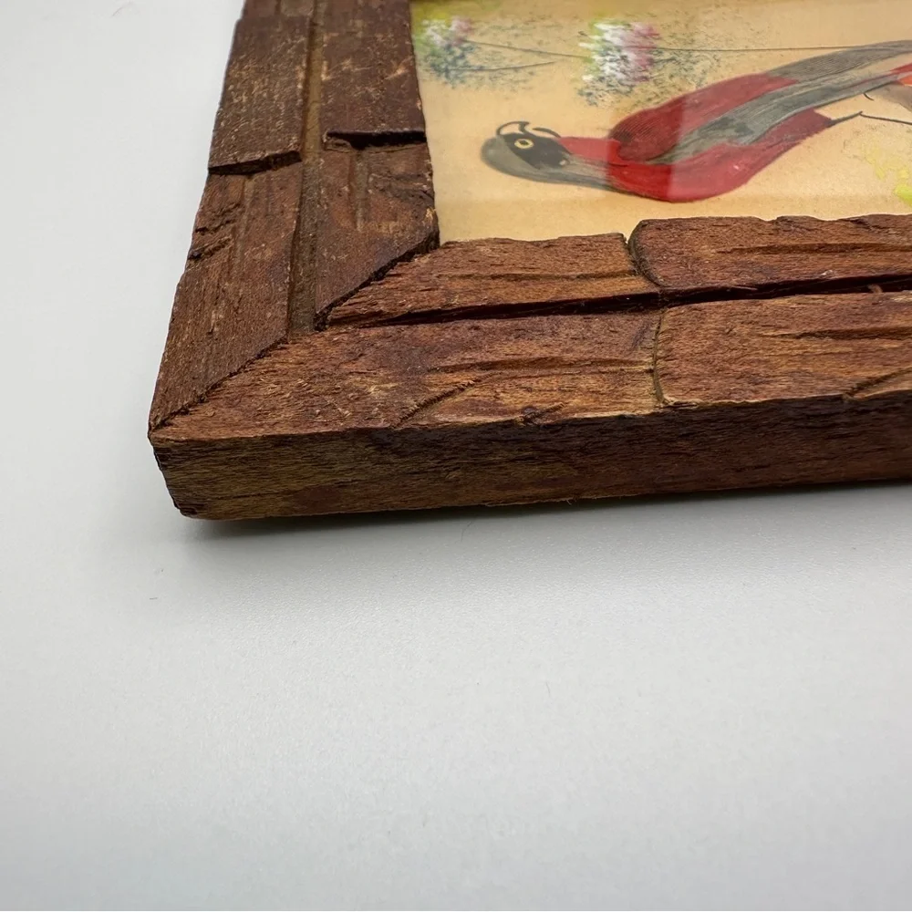 Vibrant Vintage Mexican Folk Art Feather Craft Red Bird Picture Carved Frame - Picture 12 of 16